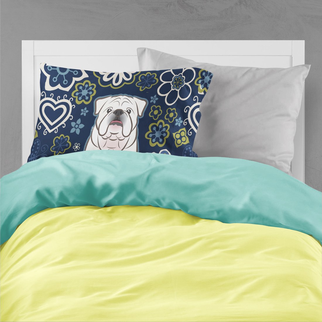 Blue Flowers White English Bulldog  Standard Pillowcase Lightweight Super Soft Easy Care Decorative Artwork Pillowcase, Standard