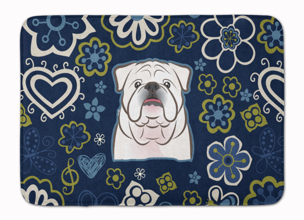 Blue Flowers White English Bulldog  Memory Foam Kitchen Mat Machine Washable Anti-Fatigue Cushion Comfort Bath or Kitchen Rug