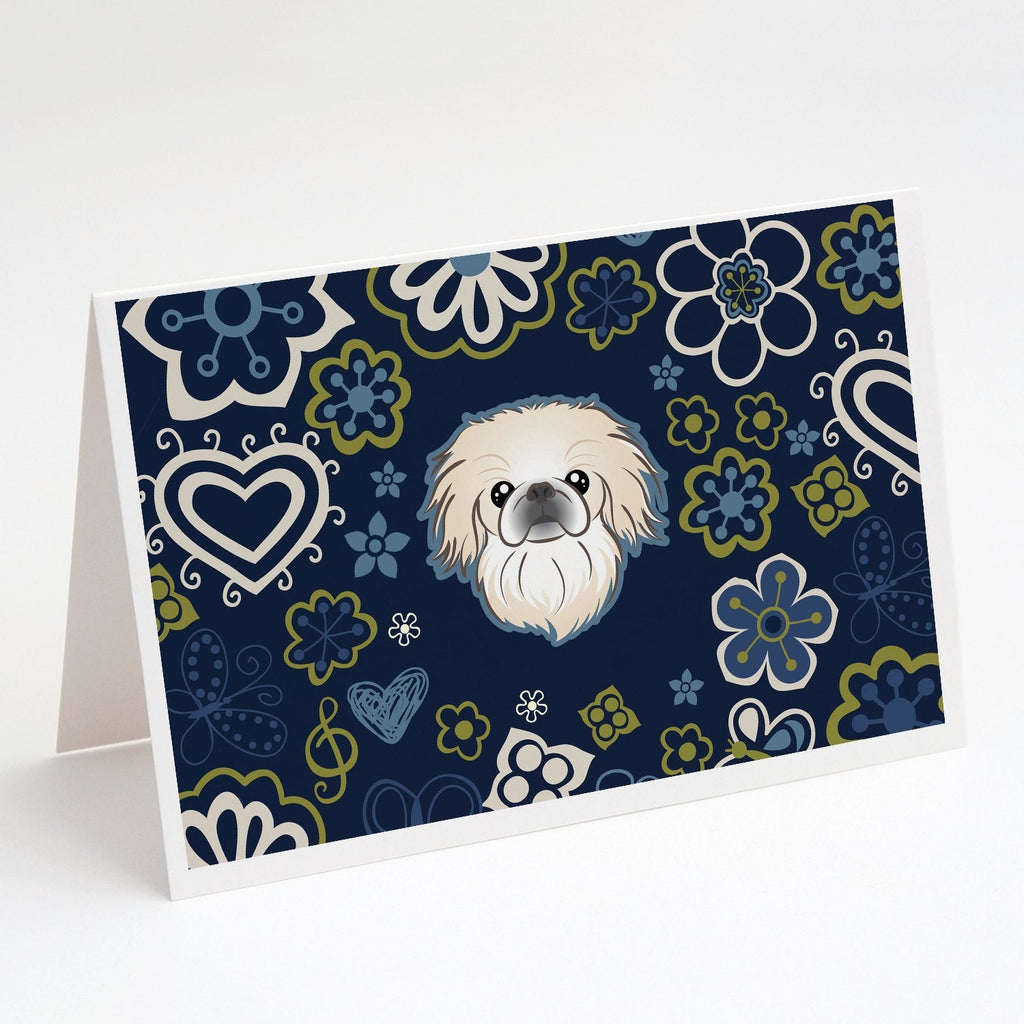 Blue Flowers Pekingese Greeting Cards Pack of 8 Blank Cards with Envelopes Whimsical A7 Size 5x7