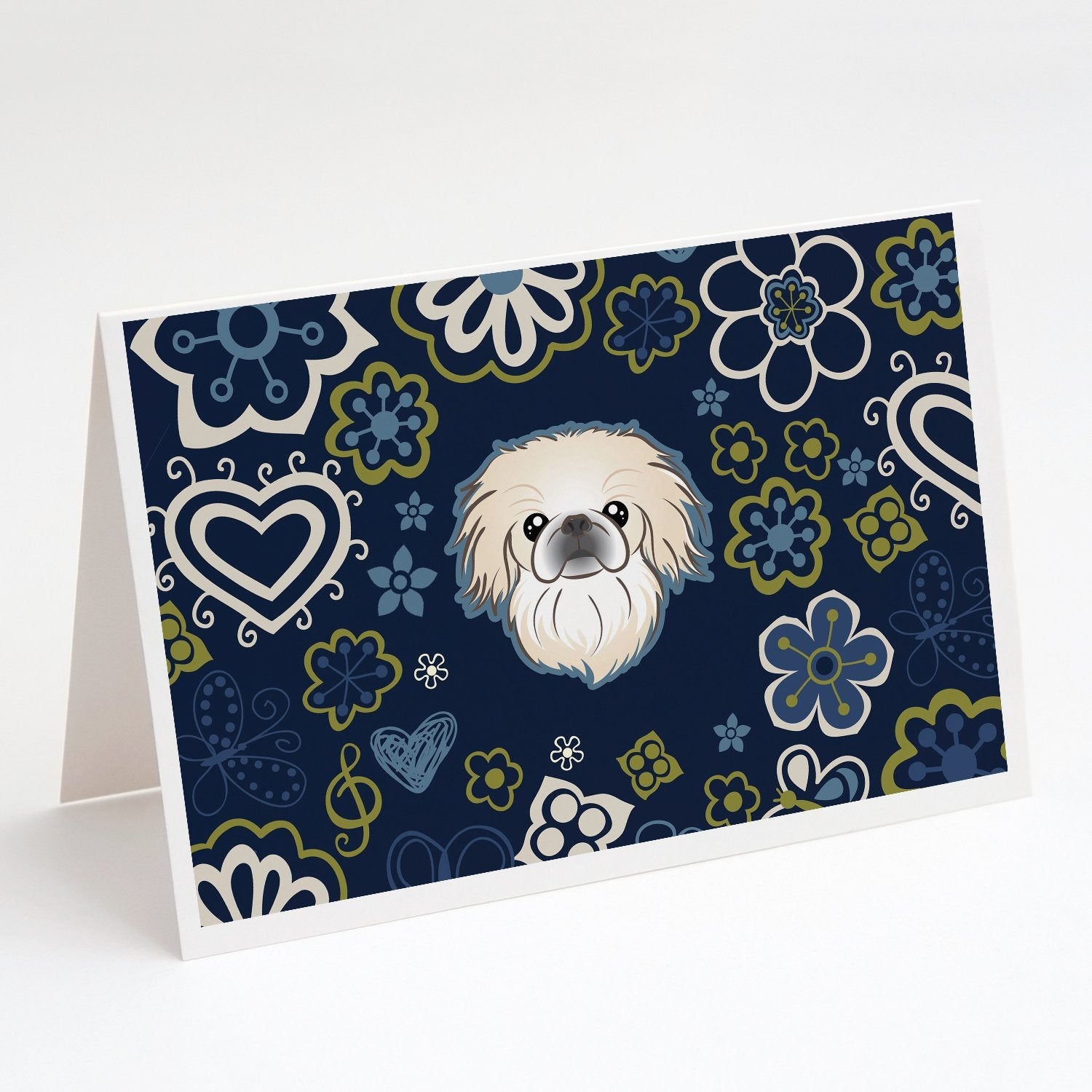 Blue Flowers Pekingese Greeting Cards Pack of 8 Blank Cards with Envelopes Whimsical A7 Size 5x7