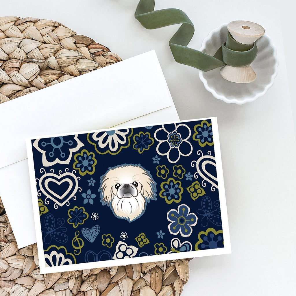 Blue Flowers Pekingese Greeting Cards Pack of 8 Blank Cards with Envelopes Whimsical A7 Size 5x7