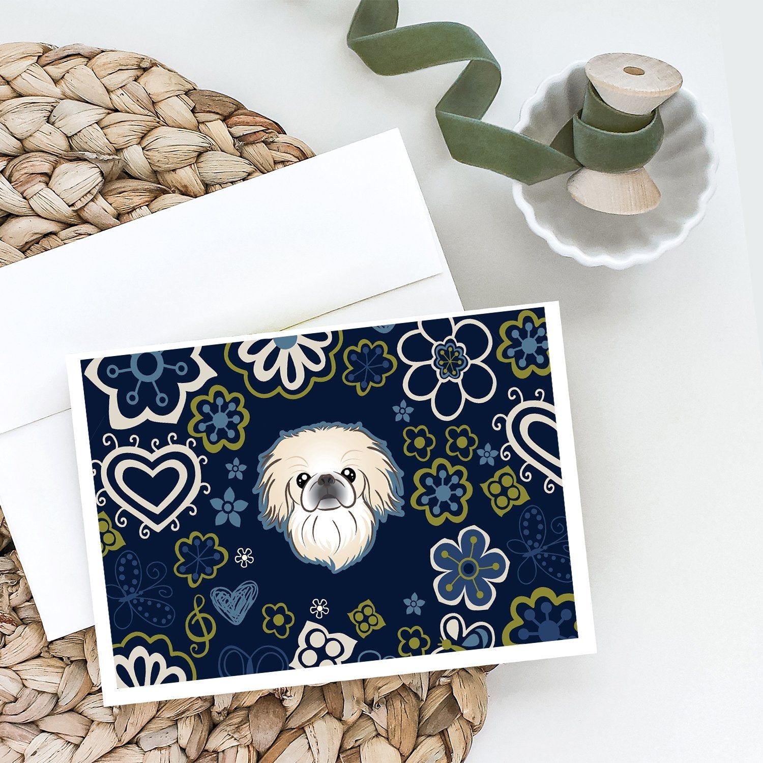 Blue Flowers Pekingese Greeting Cards Pack of 8 Blank Cards with Envelopes Whimsical A7 Size 5x7