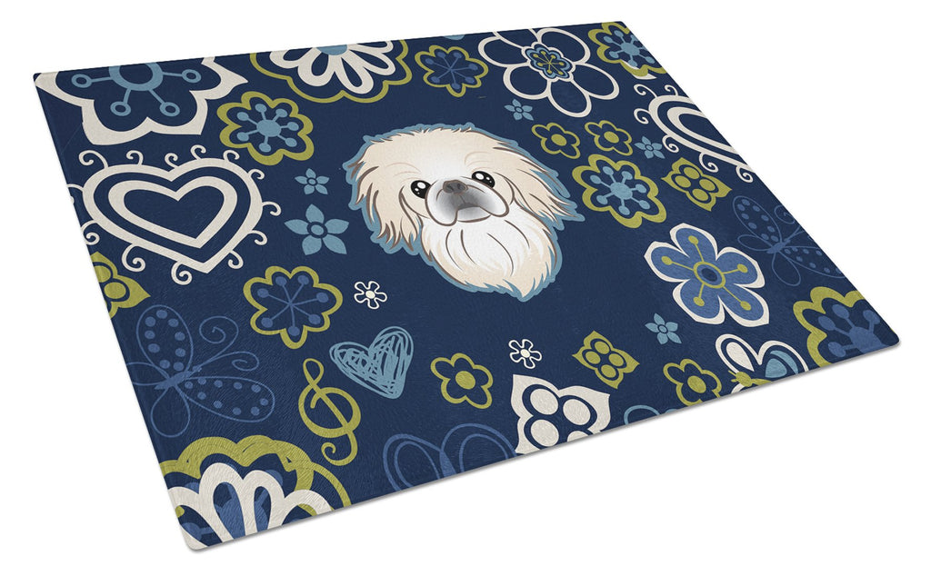 Blue Flowers Pekingese Cutting Board Tempered Glass Kitchen Cutting Surface, Heat Resistant Chopping, Non-Slip Feet, Food Prep & Serving
