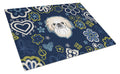 Blue Flowers Pekingese Cutting Board Tempered Glass Kitchen Cutting Surface, Heat Resistant Chopping, Non-Slip Feet, Food Prep & Serving