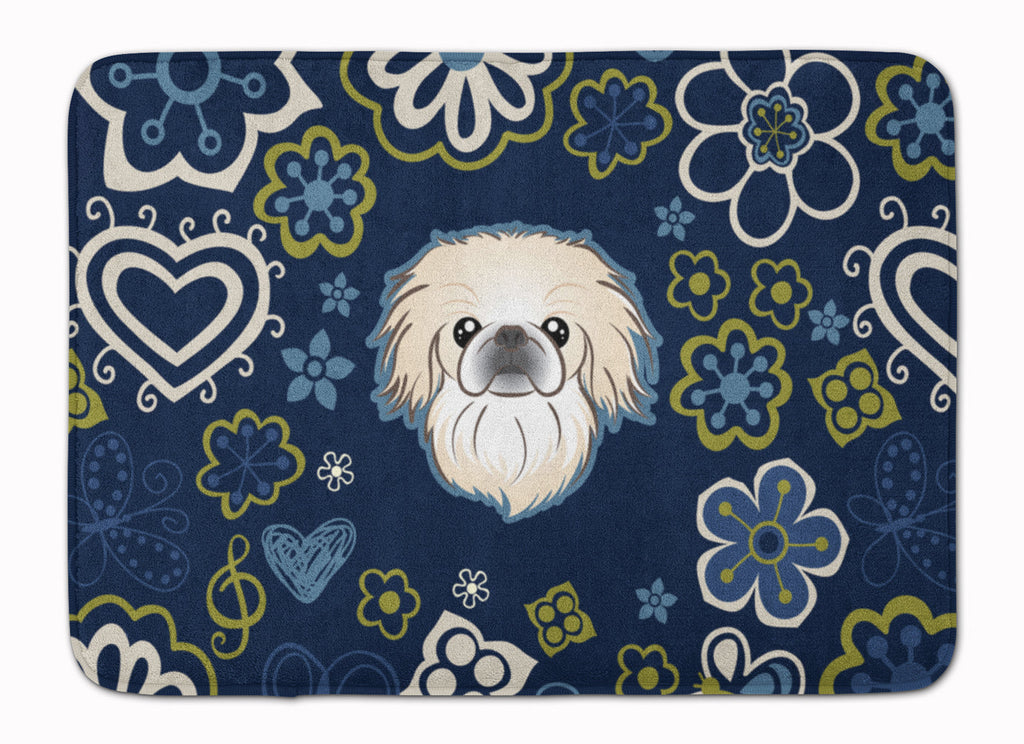 Blue Flowers Pekingese Memory Foam Kitchen Mat Machine Washable Anti-Fatigue Cushion Comfort Bath or Kitchen Rug