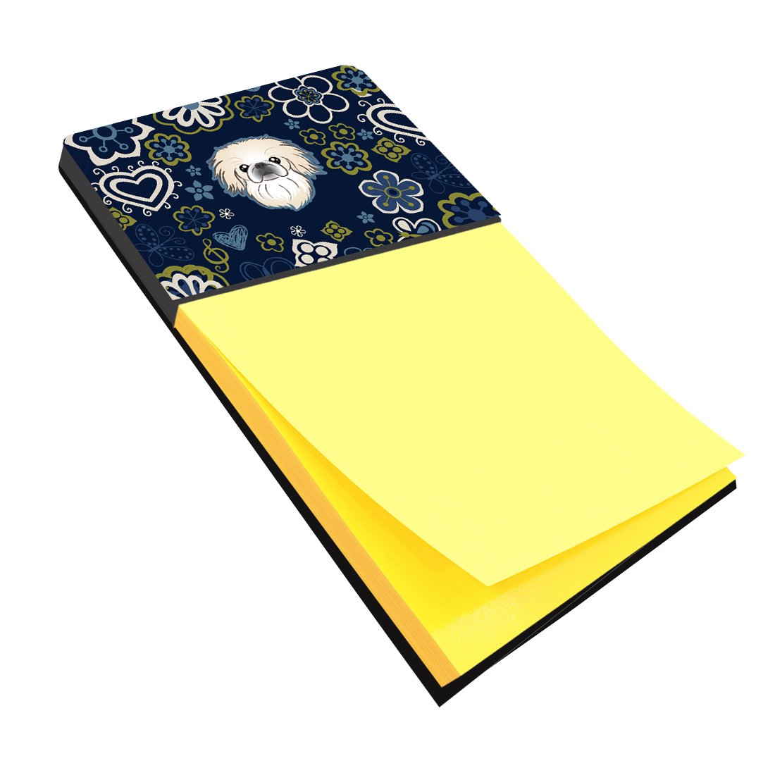 Blue Flowers Pekingese Watercolor Sticky Note Holder Refillable Dispenser Desk Accessory 3x3 Pad Gift