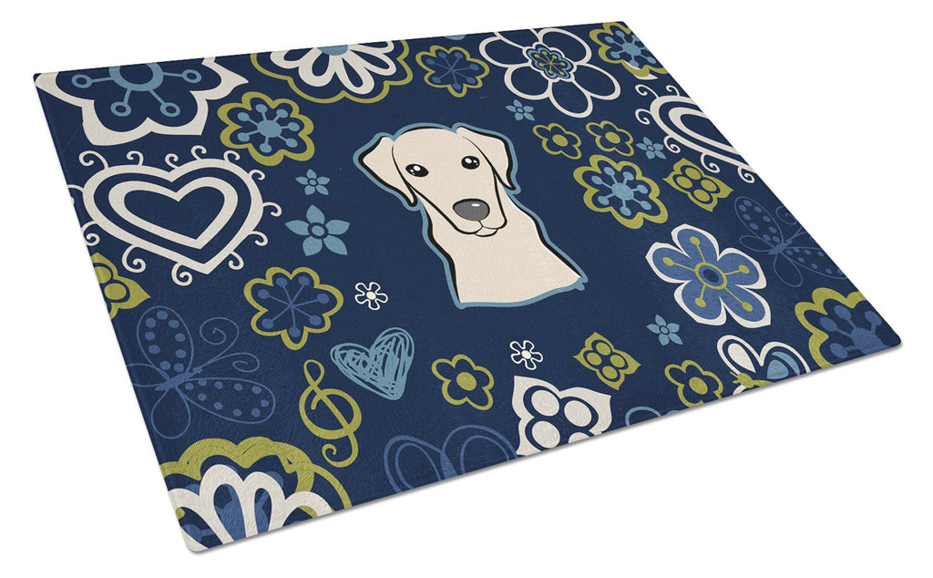 Blue Flowers Yellow Labrador Cutting Board Tempered Glass Kitchen Cutting Surface, Heat Resistant Chopping, Non-Slip Feet, Food Prep & Serving
