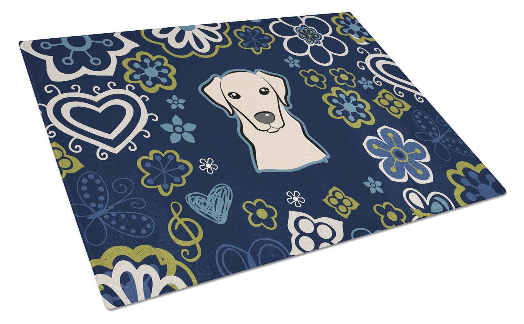 Blue Flowers Yellow Labrador Cutting Board Tempered Glass Kitchen Cutting Surface, Heat Resistant Chopping, Non-Slip Feet, Food Prep & Serving