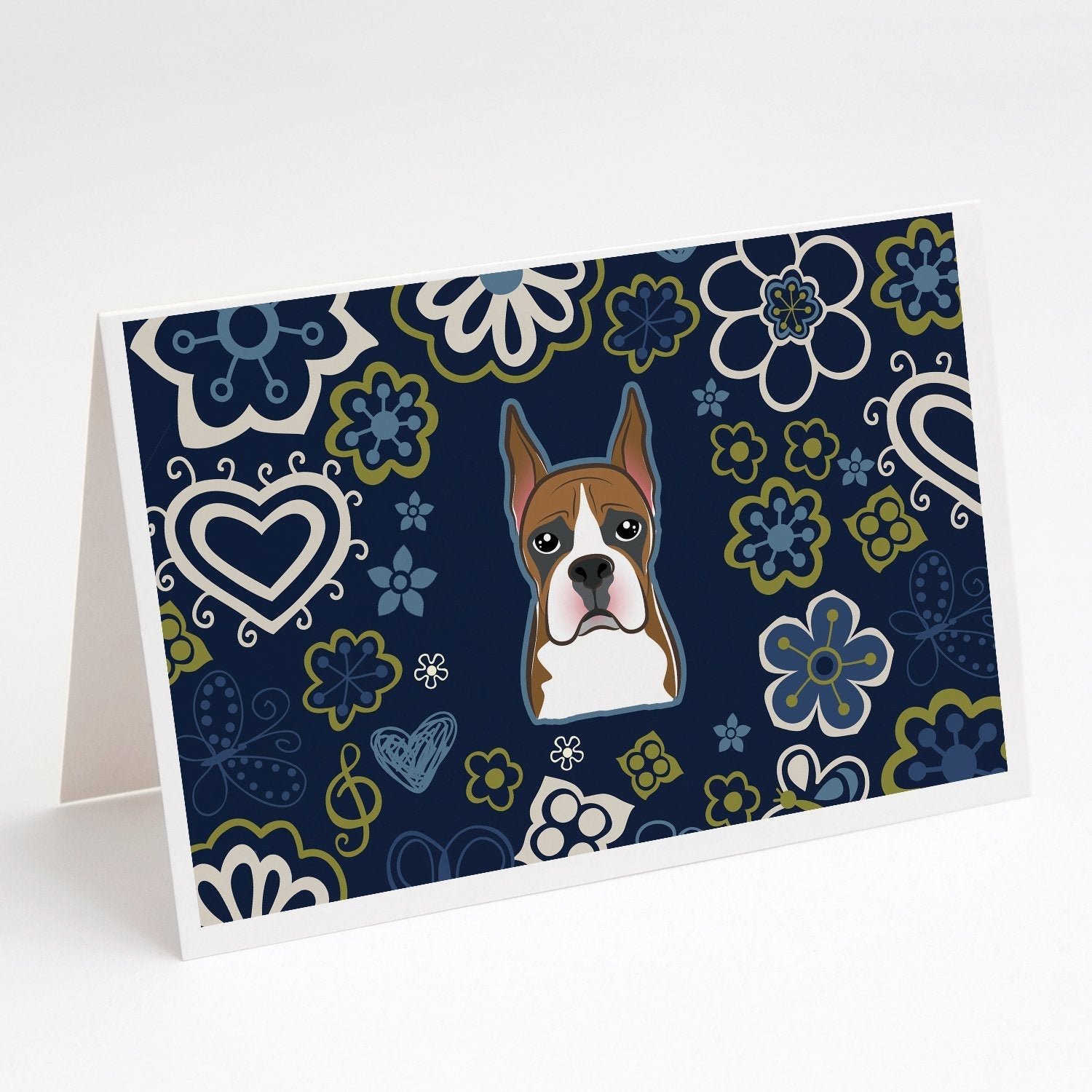 Blue Flowers Boxer Greeting Cards Pack of 8 Blank Cards with Envelopes Whimsical A7 Size 5x7