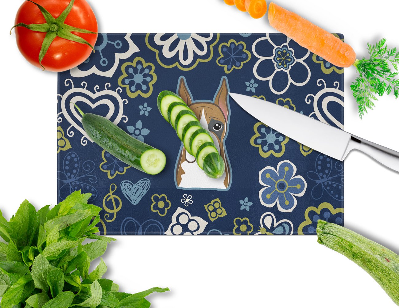 Blue Flowers Boxer Cutting Board Tempered Glass Kitchen Cutting Surface, Heat Resistant Chopping, Non-Slip Feet, Food Prep & Serving
