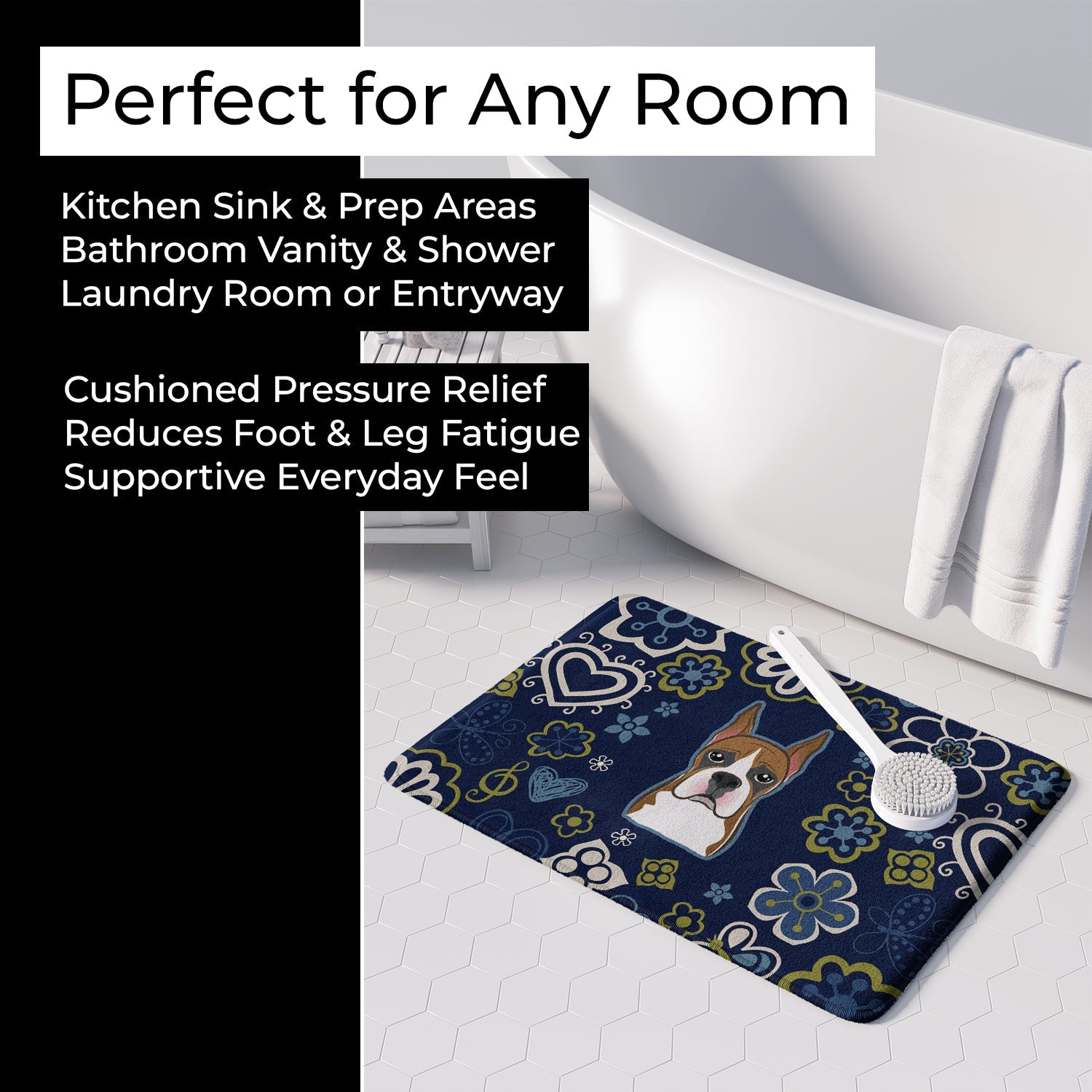 Blue Flowers Boxer Memory Foam Kitchen Mat Machine Washable Anti-Fatigue Cushion Comfort Bath or Kitchen Rug