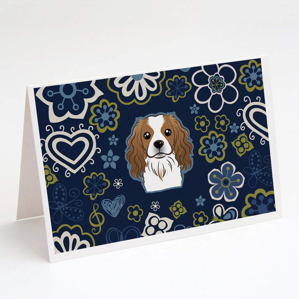 Blue Flowers Cavalier Spaniel Greeting Cards Pack of 8 Blank Cards with Envelopes Whimsical A7 Size 5x7
