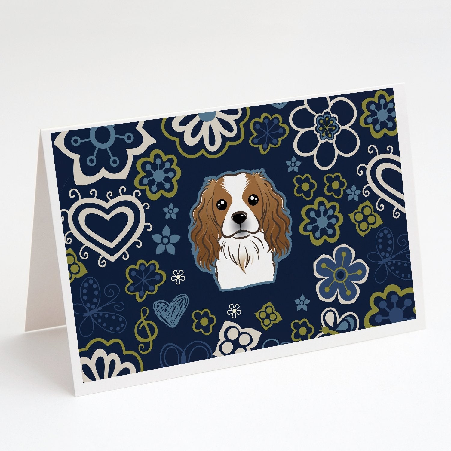 Blue Flowers Cavalier Spaniel Greeting Cards Pack of 8 Blank Cards with Envelopes Whimsical A7 Size 5x7