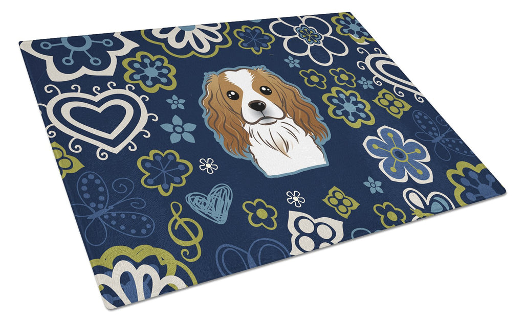 Blue Flowers Cavalier Spaniel Cutting Board Tempered Glass Kitchen Cutting Surface, Heat Resistant Chopping, Non-Slip Feet, Food Prep & Serving