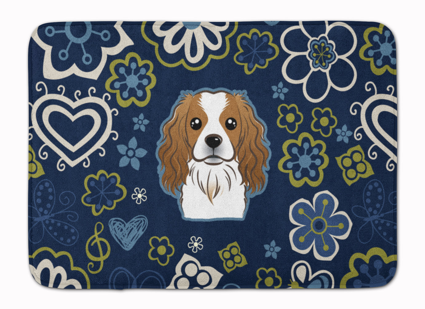 Blue Flowers Cavalier Spaniel Memory Foam Kitchen Mat Machine Washable Anti-Fatigue Cushion Comfort Bath or Kitchen Rug