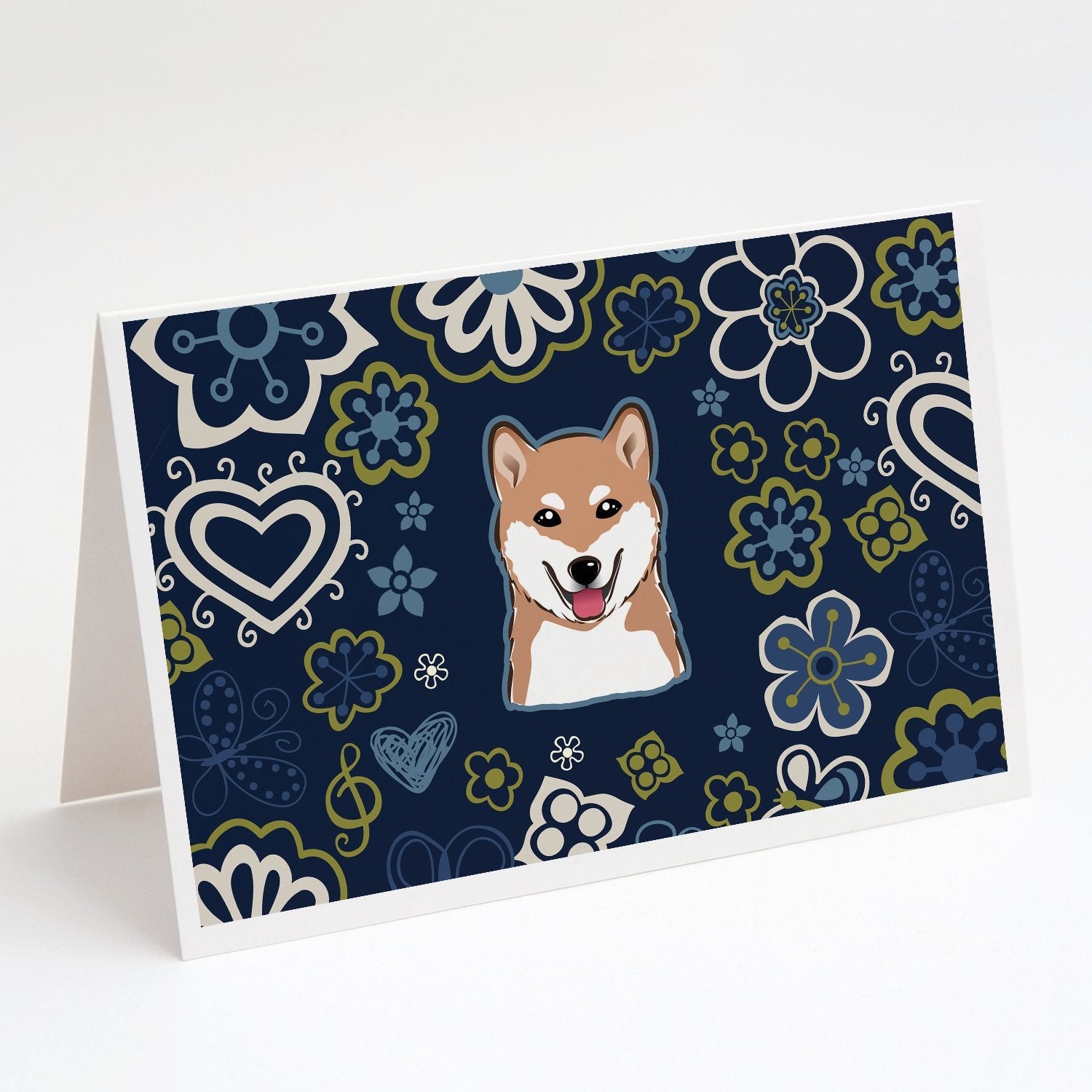 Blue Flowers Shiba Inu Greeting Cards Pack of 8 Blank Cards with Envelopes Whimsical A7 Size 5x7