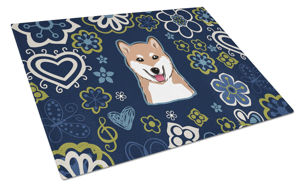 Blue Flowers Shiba Inu Cutting Board Tempered Glass Kitchen Cutting Surface, Heat Resistant Chopping, Non-Slip Feet, Food Prep & Serving