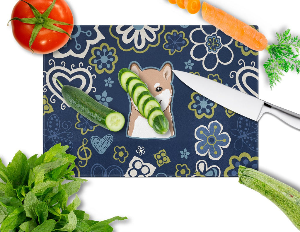 Blue Flowers Shiba Inu Cutting Board Tempered Glass Kitchen Cutting Surface, Heat Resistant Chopping, Non-Slip Feet, Food Prep & Serving