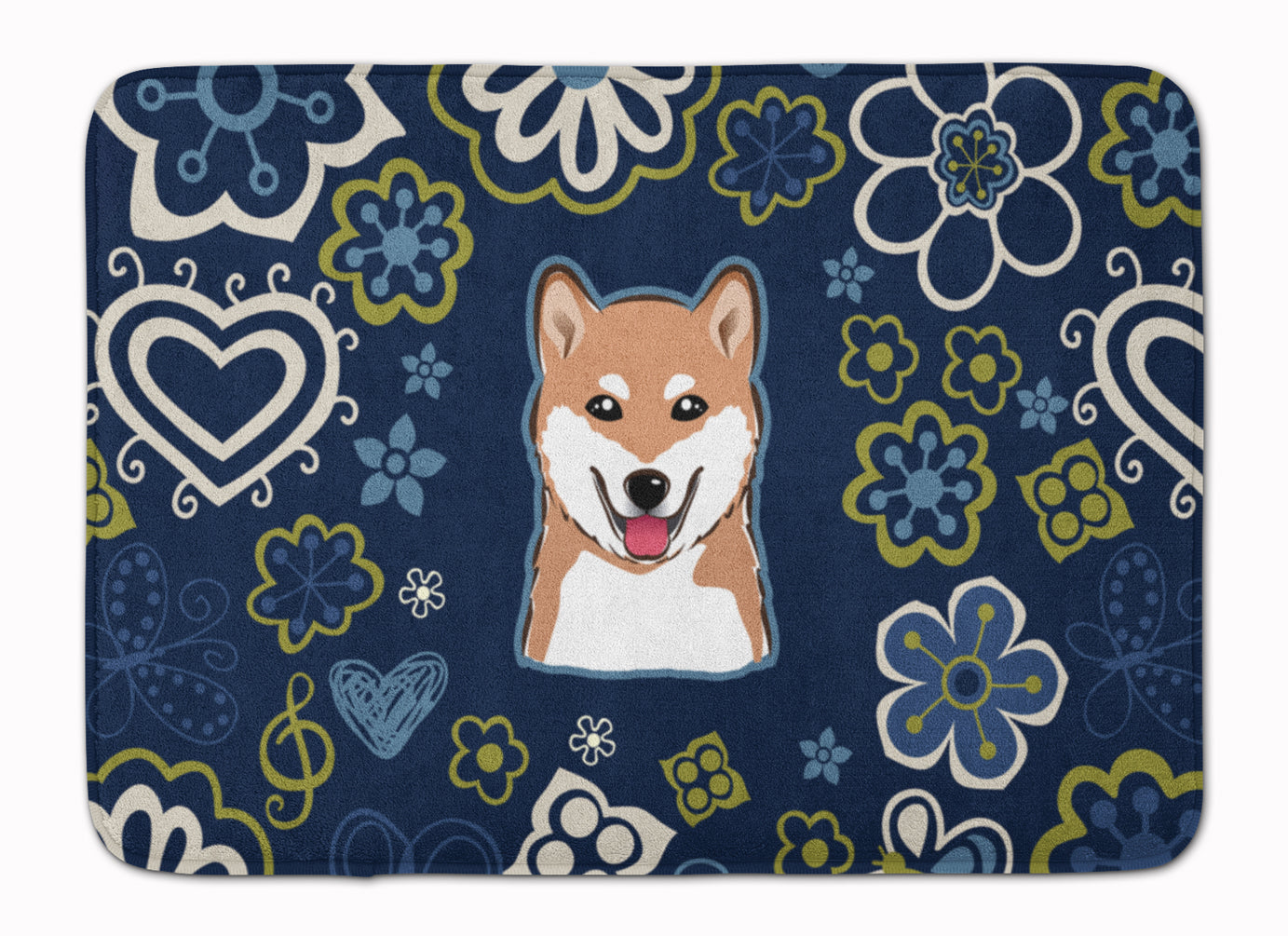Blue Flowers Shiba Inu Memory Foam Kitchen Mat Machine Washable Anti-Fatigue Cushion Comfort Bath or Kitchen Rug