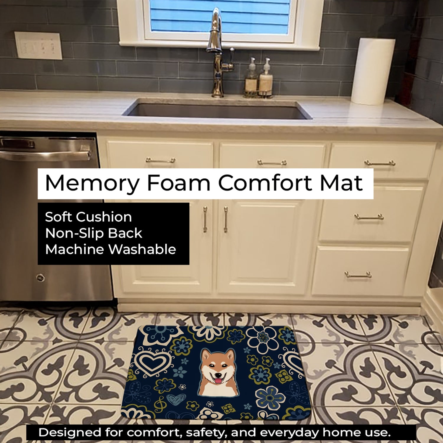 Blue Flowers Shiba Inu Memory Foam Kitchen Mat Machine Washable Anti-Fatigue Cushion Comfort Bath or Kitchen Rug