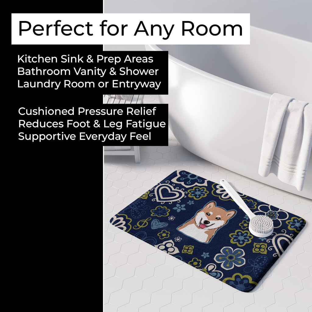 Blue Flowers Shiba Inu Memory Foam Kitchen Mat Machine Washable Anti-Fatigue Cushion Comfort Bath or Kitchen Rug