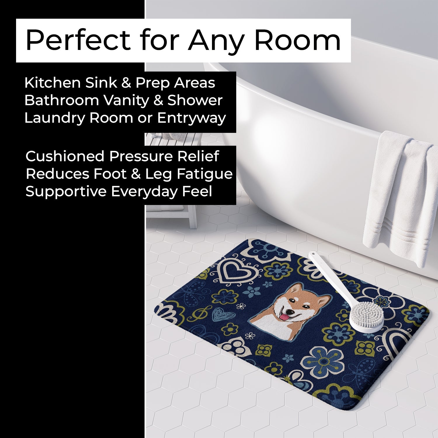 Blue Flowers Shiba Inu Memory Foam Kitchen Mat Machine Washable Anti-Fatigue Cushion Comfort Bath or Kitchen Rug
