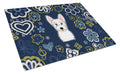 Blue Flowers Westie Cutting Board Tempered Glass Kitchen Cutting Surface, Heat Resistant Chopping, Non-Slip Feet, Food Prep & Serving
