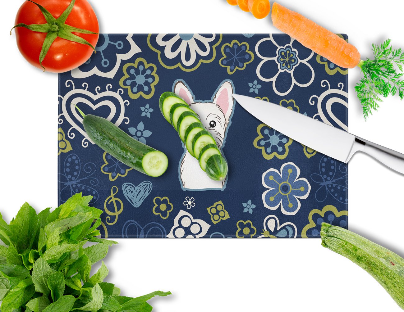 Blue Flowers Westie Cutting Board Tempered Glass Kitchen Cutting Surface, Heat Resistant Chopping, Non-Slip Feet, Food Prep & Serving