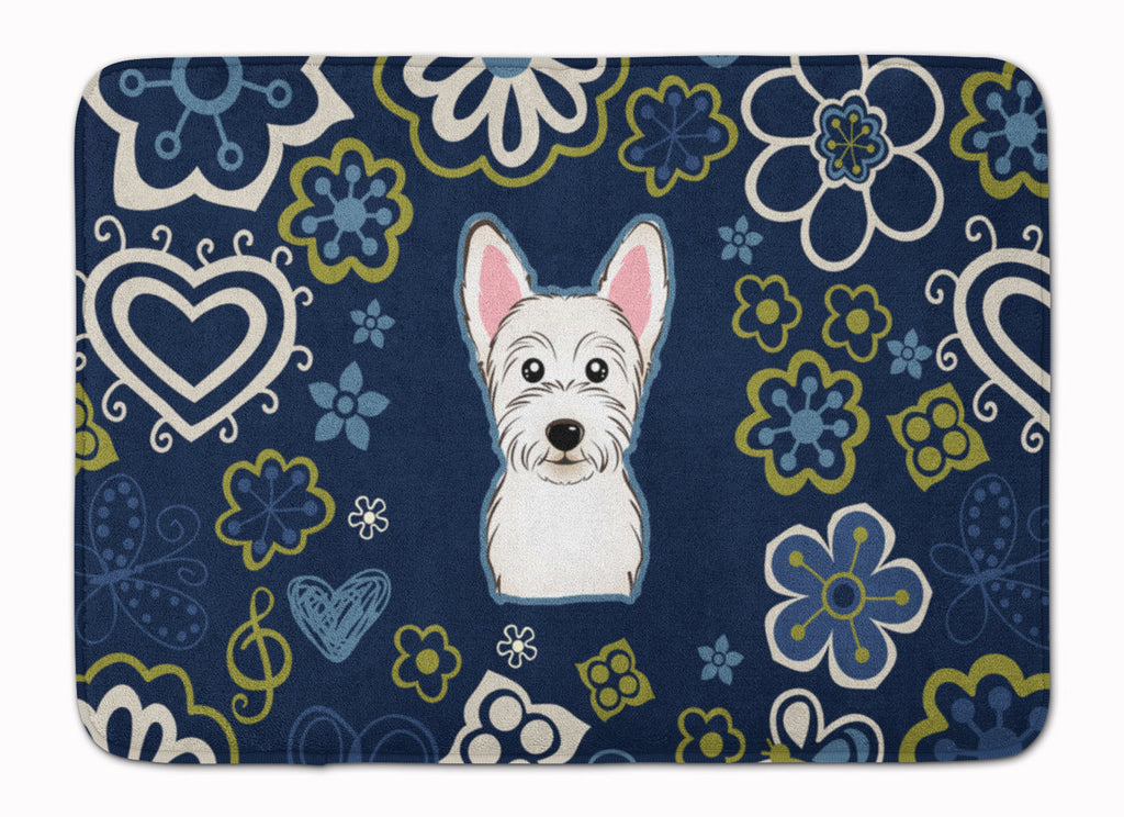 Blue Flowers Westie Memory Foam Kitchen Mat Machine Washable Anti-Fatigue Cushion Comfort Bath or Kitchen Rug