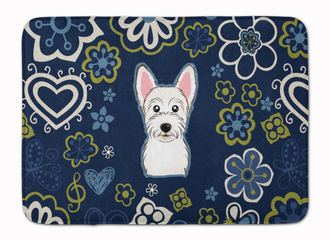 Blue Flowers Westie Memory Foam Kitchen Mat Machine Washable Anti-Fatigue Cushion Comfort Bath or Kitchen Rug