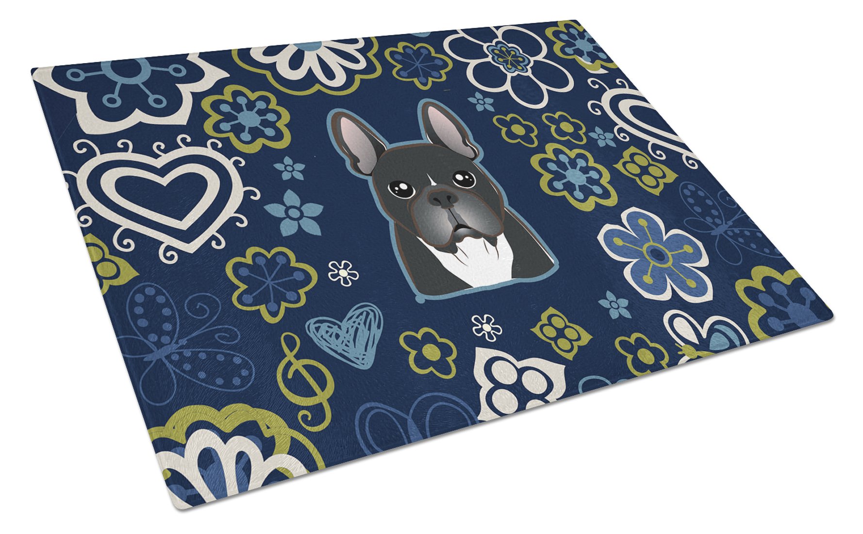Blue Flowers French Bulldog Cutting Board Tempered Glass Kitchen Cutting Surface, Heat Resistant Chopping, Non-Slip Feet, Food Prep & Serving