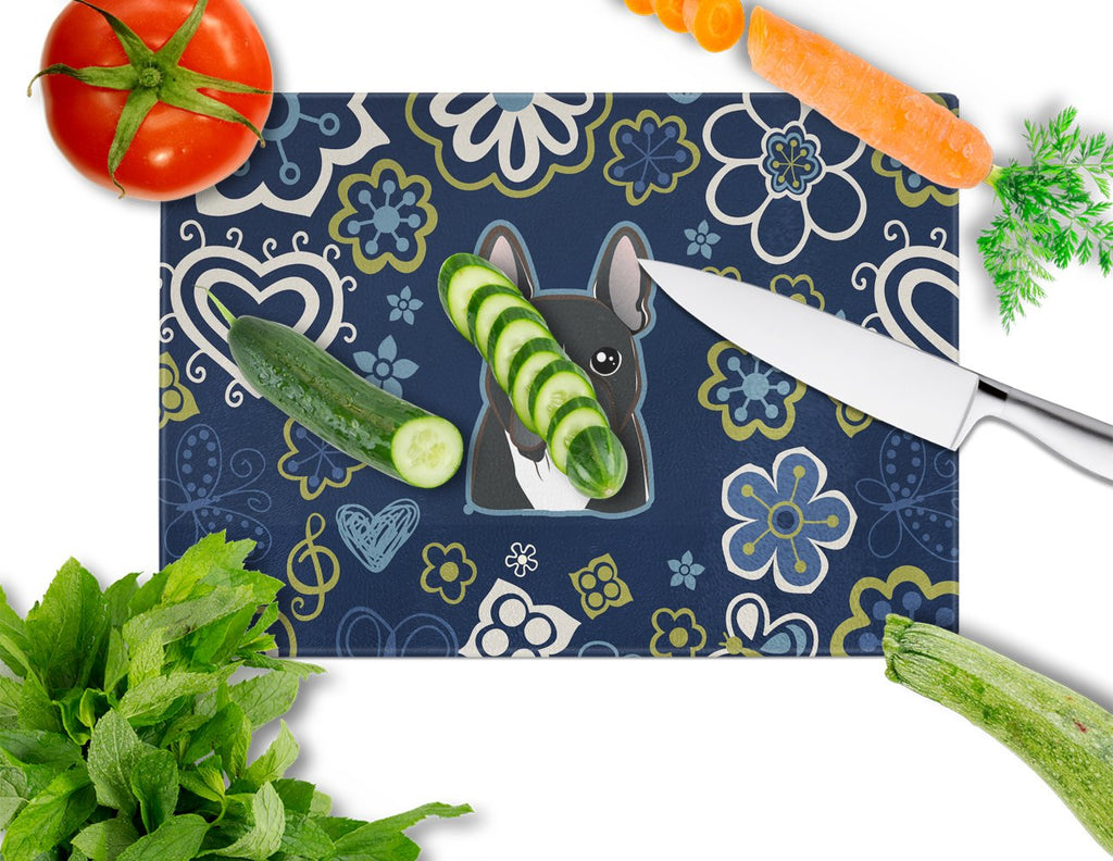 Blue Flowers French Bulldog Cutting Board Tempered Glass Kitchen Cutting Surface, Heat Resistant Chopping, Non-Slip Feet, Food Prep & Serving