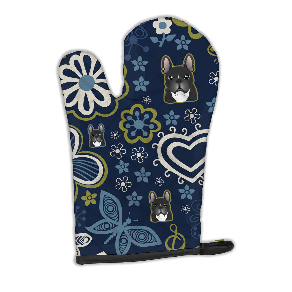 Blue Flowers French Bulldog Oven Mitt Heat Resistant Thick Oven Mitt for Hot Pans and Oven, Kitchen Mitt Protect Hands, Cooking Baking Glove