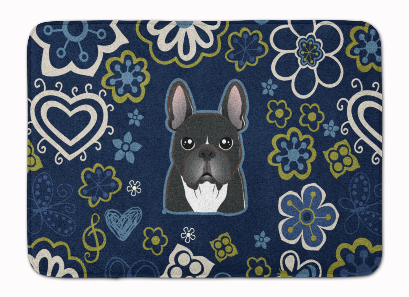 Blue Flowers French Bulldog Memory Foam Kitchen Mat Machine Washable Anti-Fatigue Cushion Comfort Bath or Kitchen Rug