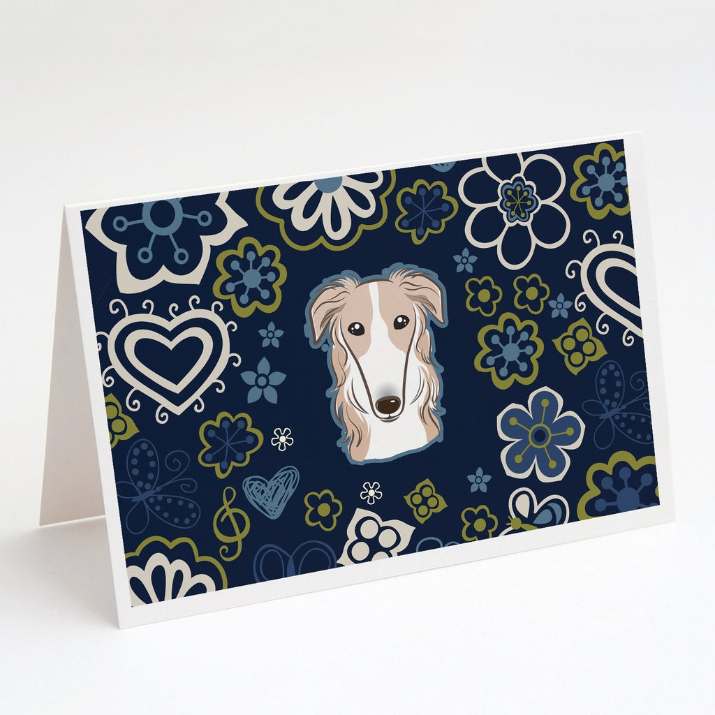 Blue Flowers Borzoi Greeting Cards Pack of 8 Blank Cards with Envelopes Whimsical A7 Size 5x7