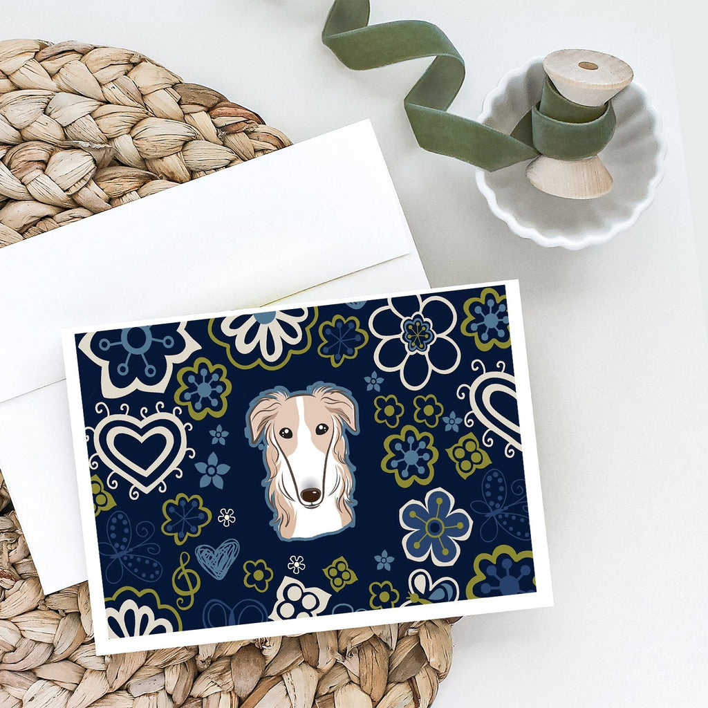 Blue Flowers Borzoi Greeting Cards Pack of 8 Blank Cards with Envelopes Whimsical A7 Size 5x7