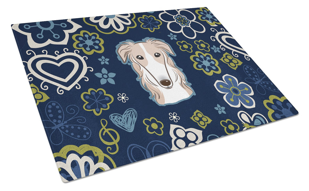 Blue Flowers Borzoi Cutting Board Tempered Glass Kitchen Cutting Surface, Heat Resistant Chopping, Non-Slip Feet, Food Prep & Serving