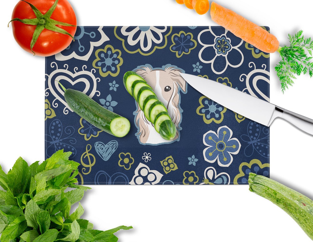 Blue Flowers Borzoi Cutting Board Tempered Glass Kitchen Cutting Surface, Heat Resistant Chopping, Non-Slip Feet, Food Prep & Serving