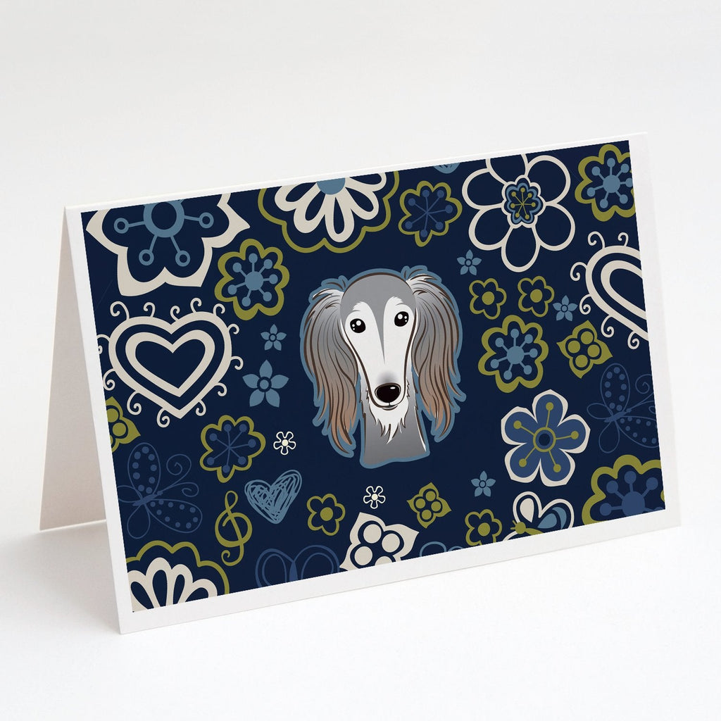 Blue Flowers Saluki Greeting Cards Pack of 8 Blank Cards with Envelopes Whimsical A7 Size 5x7