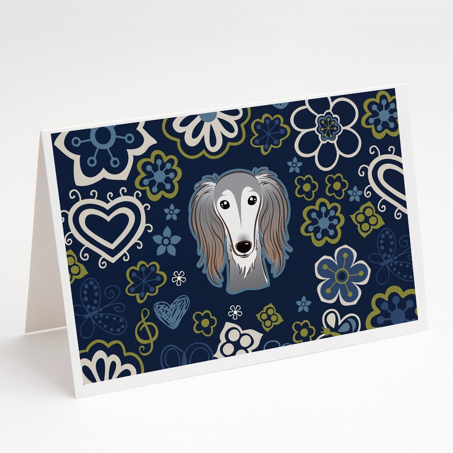 Blue Flowers Saluki Greeting Cards Pack of 8 Blank Cards with Envelopes Whimsical A7 Size 5x7