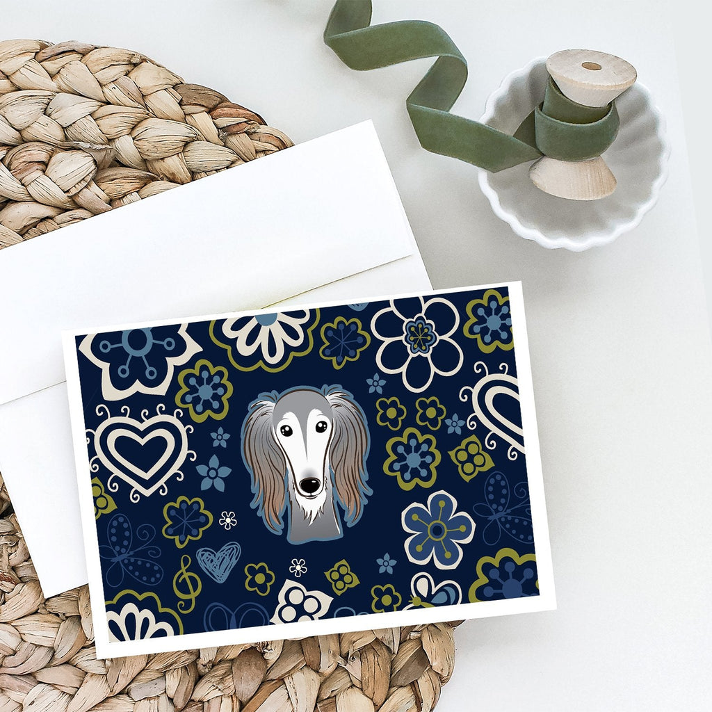 Blue Flowers Saluki Greeting Cards Pack of 8 Blank Cards with Envelopes Whimsical A7 Size 5x7