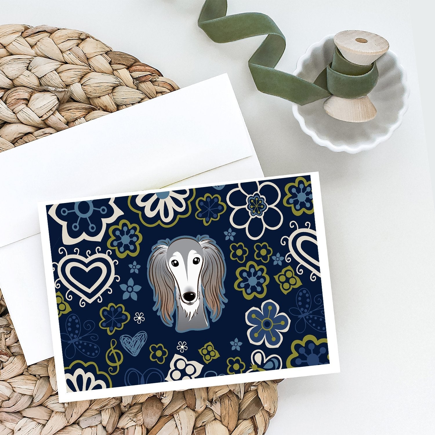 Blue Flowers Saluki Greeting Cards Pack of 8 Blank Cards with Envelopes Whimsical A7 Size 5x7