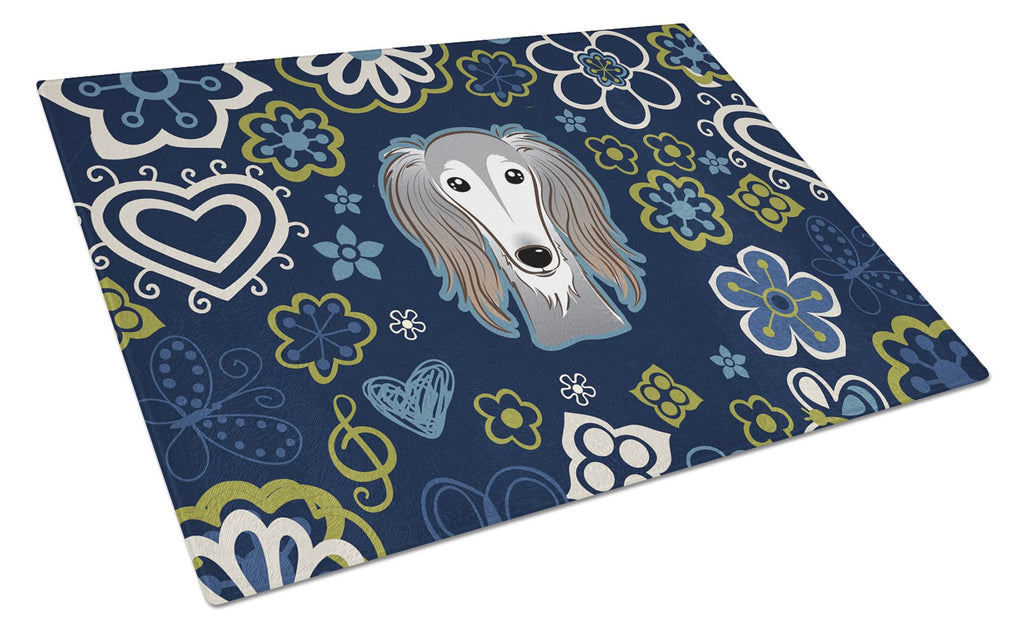 Blue Flowers Saluki Cutting Board Tempered Glass Kitchen Cutting Surface, Heat Resistant Chopping, Non-Slip Feet, Food Prep & Serving