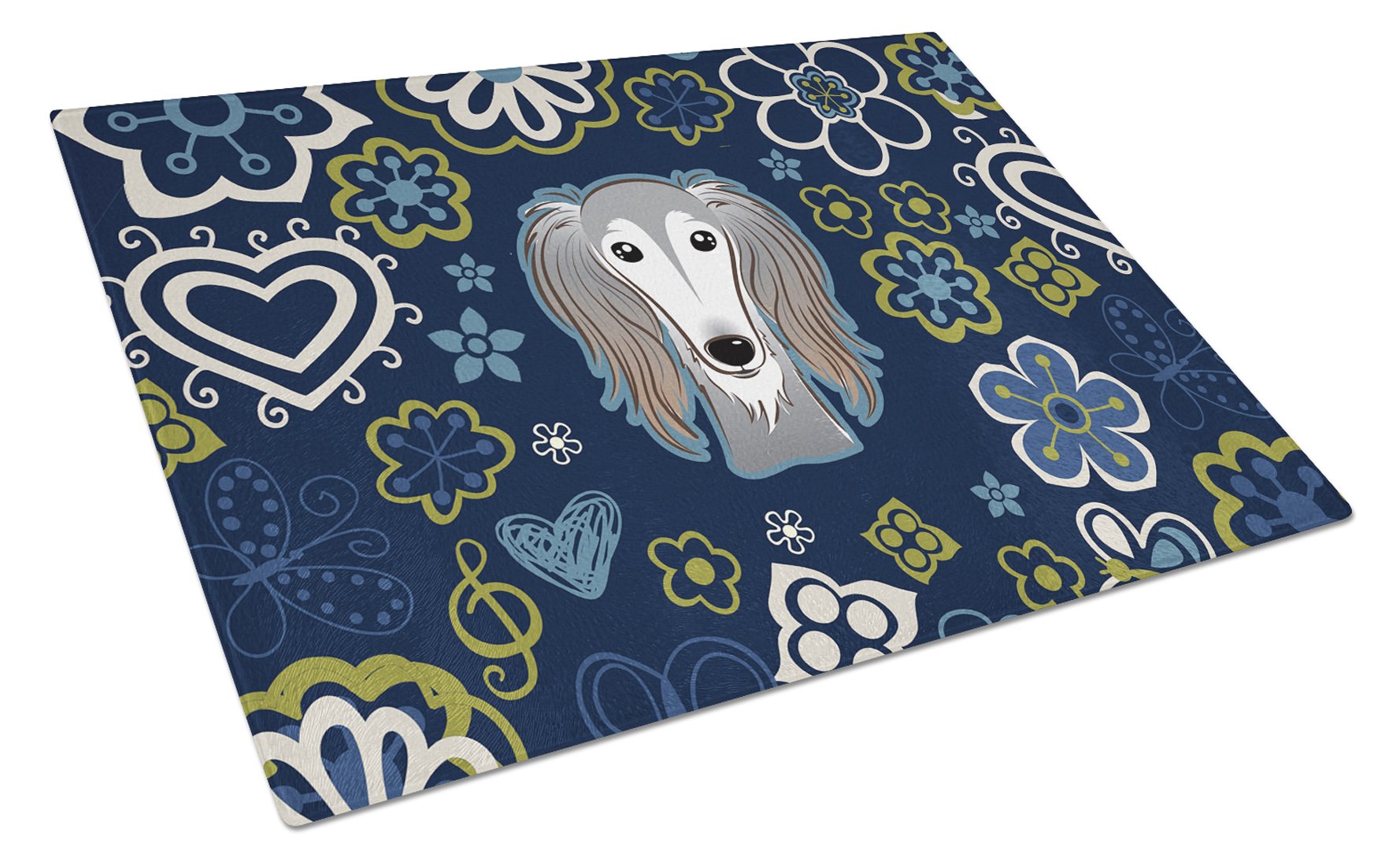 Blue Flowers Saluki Cutting Board Tempered Glass Kitchen Cutting Surface, Heat Resistant Chopping, Non-Slip Feet, Food Prep & Serving