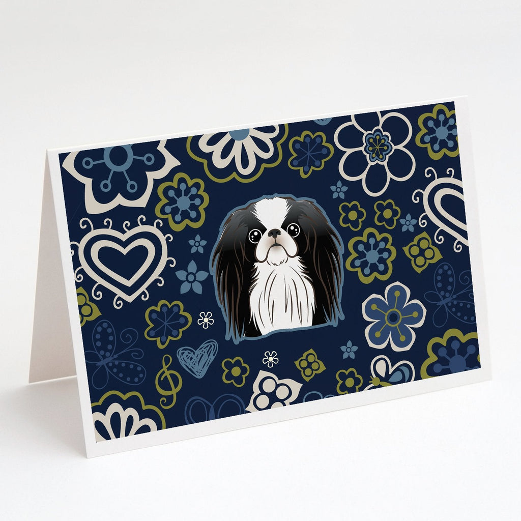 Blue Flowers Japanese Chin Greeting Cards Pack of 8 Blank Cards with Envelopes Whimsical A7 Size 5x7