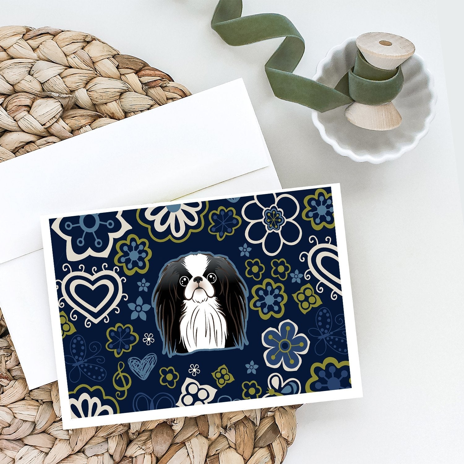 Blue Flowers Japanese Chin Greeting Cards Pack of 8 Blank Cards with Envelopes Whimsical A7 Size 5x7