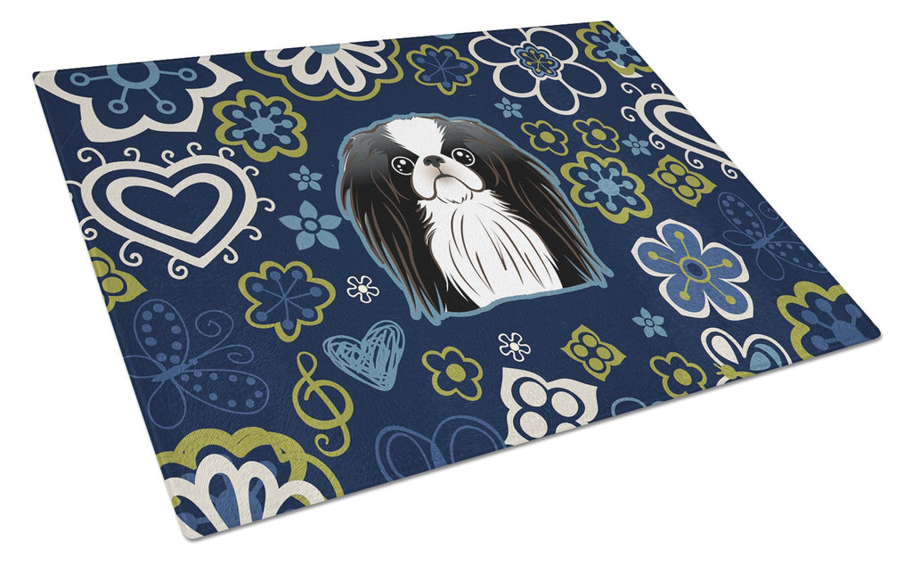Blue Flowers Japanese Chin Cutting Board Tempered Glass Kitchen Cutting Surface, Heat Resistant Chopping, Non-Slip Feet, Food Prep & Serving