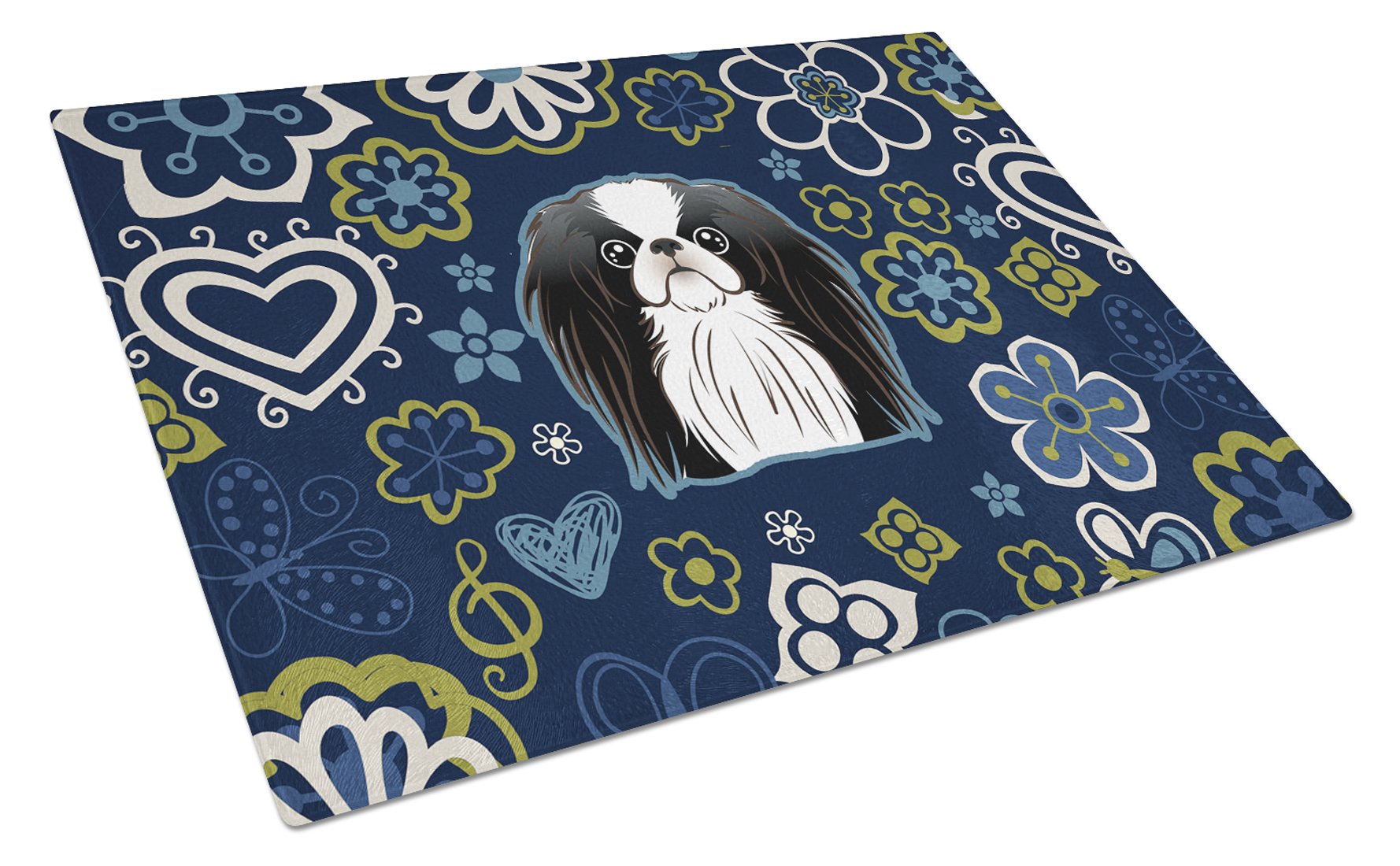 Blue Flowers Japanese Chin Cutting Board Tempered Glass Kitchen Cutting Surface, Heat Resistant Chopping, Non-Slip Feet, Food Prep & Serving