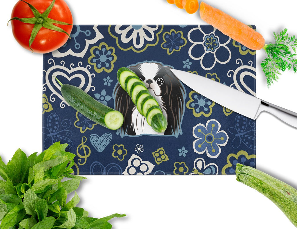 Blue Flowers Japanese Chin Cutting Board Tempered Glass Kitchen Cutting Surface, Heat Resistant Chopping, Non-Slip Feet, Food Prep & Serving
