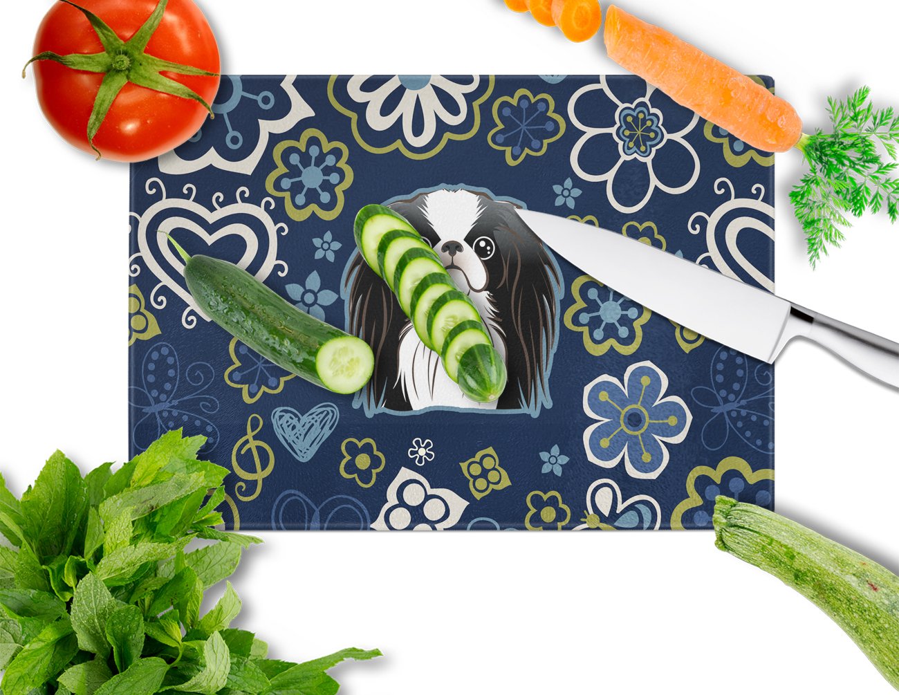 Blue Flowers Japanese Chin Cutting Board Tempered Glass Kitchen Cutting Surface, Heat Resistant Chopping, Non-Slip Feet, Food Prep & Serving